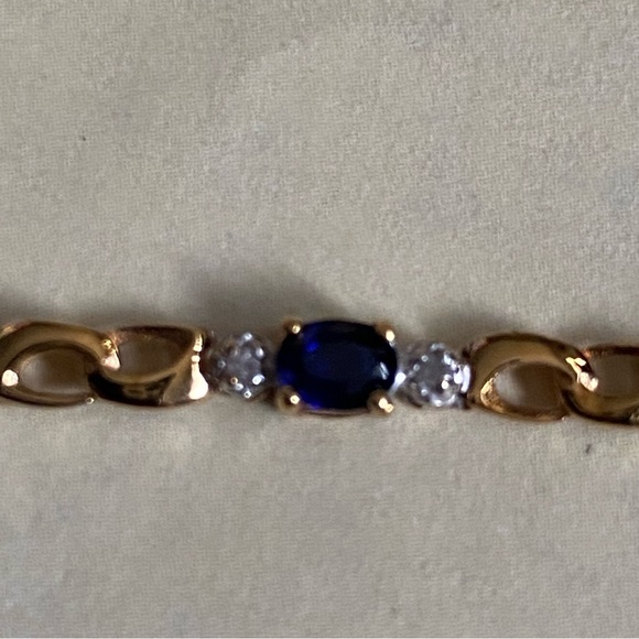 Beautiful Solid 10K Yellow Gold Blue Lab Sapphires/2 Diamonds Tennis Bracelet. - Picture 7 of 14